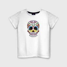 Детская футболка хлопок с принтом Мексиканский череп - Skull в Новосибирске, 100% хлопок | круглый вырез горловины, полуприлегающий силуэт, длина до линии бедер | Тематика изображения на принте: calavera | day of the dead | dia de los muertos | halloween | skull | sugar skull | готика | день мертвых | колдовство | мексиканский череп | мистика | подарок | сахарный череп | цветы | череп