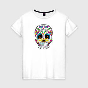 Женская футболка хлопок с принтом Мексиканский череп - Skull в Новосибирске, 100% хлопок | прямой крой, круглый вырез горловины, длина до линии бедер, слегка спущенное плечо | calavera | day of the dead | dia de los muertos | halloween | skull | sugar skull | готика | день мертвых | колдовство | мексиканский череп | мистика | подарок | сахарный череп | цветы | череп