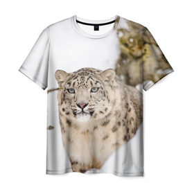 Мужская футболка 3D с принтом Ирбис в Новосибирске, 100% полиэфир | прямой крой, круглый вырез горловины, длина до линии бедер | snow leopard | барс | барсы | животное | животные | звери | зверь | зима | зимы | ирбис | киски | кот | коты | кошачьи | кошка | кошки | мохнатые | мохнатый | пятнистые | пятнистый | снег | снежный