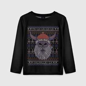 Детский лонгслив 3D с принтом Vikings Xmas Sweater в Новосибирске, 100% полиэстер | длинные рукава, круглый вырез горловины, полуприлегающий силуэт
 | christmas | king | new | ragnar | skandinavia | snow | snowflakes | valhalla | vikings | xmas | year | вальхалла | викинги | год | король | новый | рагнар | рождество | скандинавия | снег