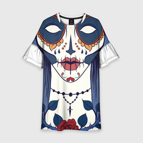 Детское платье 3D с принтом Мексиканский сахарный череп в Новосибирске, 100% полиэстер | прямой силуэт, чуть расширенный к низу. Круглая горловина, на рукавах — воланы | Тематика изображения на принте: day of the dead | dia de los muertos | gothic | halloween | skull | sugar skull | готика | день мертвых | женский череп | мексиканский череп | мистика | подарок | сахарный череп | хэллоуин