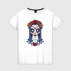 Женская футболка хлопок с принтом Мексиканский сахарный череп в Новосибирске, 100% хлопок | прямой крой, круглый вырез горловины, длина до линии бедер, слегка спущенное плечо | day of the dead | dia de los muertos | gothic | halloween | skull | sugar skull | готика | день мертвых | женский череп | мексиканский череп | мистика | подарок | сахарный череп | хэллоуин