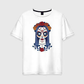 Женская футболка хлопок Oversize с принтом Мексиканский сахарный череп в Новосибирске, 100% хлопок | свободный крой, круглый ворот, спущенный рукав, длина до линии бедер
 | day of the dead | dia de los muertos | gothic | halloween | skull | sugar skull | готика | день мертвых | женский череп | мексиканский череп | мистика | подарок | сахарный череп | хэллоуин