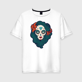 Женская футболка хлопок Oversize с принтом Мексиканский сахарный череп в Новосибирске, 100% хлопок | свободный крой, круглый ворот, спущенный рукав, длина до линии бедер
 | day of the dead | dia de los muertos | gothic | halloween | skull | sugar skull | готика | день мертвых | женский череп | мексиканский череп | мистика | подарок | сахарный череп | хэллоуин