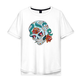 Мужская футболка хлопок Oversize с принтом Череп с цветами в Новосибирске, 100% хлопок | свободный крой, круглый ворот, “спинка” длиннее передней части | Тематика изображения на принте: 8 марта | day of the dead | gothic | halloween | skull | sugar skull | день мертвых | женский череп | мексиканский череп | новый год | подарок | сахарный череп | хэллоуин | человек | череп девушки