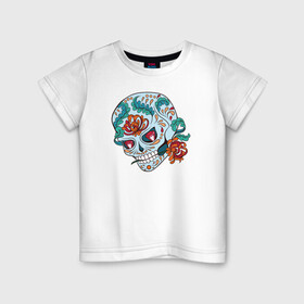 Детская футболка хлопок с принтом Череп с цветами в Новосибирске, 100% хлопок | круглый вырез горловины, полуприлегающий силуэт, длина до линии бедер | 8 марта | day of the dead | gothic | halloween | skull | sugar skull | день мертвых | женский череп | мексиканский череп | новый год | подарок | сахарный череп | хэллоуин | человек | череп девушки
