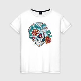 Женская футболка хлопок с принтом Череп с цветами в Новосибирске, 100% хлопок | прямой крой, круглый вырез горловины, длина до линии бедер, слегка спущенное плечо | 8 марта | day of the dead | gothic | halloween | skull | sugar skull | день мертвых | женский череп | мексиканский череп | новый год | подарок | сахарный череп | хэллоуин | человек | череп девушки