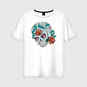 Женская футболка хлопок Oversize с принтом Череп с цветами в Новосибирске, 100% хлопок | свободный крой, круглый ворот, спущенный рукав, длина до линии бедер
 | 8 марта | day of the dead | gothic | halloween | skull | sugar skull | день мертвых | женский череп | мексиканский череп | новый год | подарок | сахарный череп | хэллоуин | человек | череп девушки