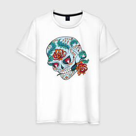 Мужская футболка хлопок с принтом Череп с цветами в Новосибирске, 100% хлопок | прямой крой, круглый вырез горловины, длина до линии бедер, слегка спущенное плечо. | 8 марта | day of the dead | gothic | halloween | skull | sugar skull | день мертвых | женский череп | мексиканский череп | новый год | подарок | сахарный череп | хэллоуин | человек | череп девушки