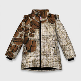 Зимняя куртка для девочек 3D с принтом Кофейные зёрна (вышивка) в Новосибирске, ткань верха — 100% полиэстер; подклад — 100% полиэстер, утеплитель — 100% полиэстер. | длина ниже бедра, удлиненная спинка, воротник стойка и отстегивающийся капюшон. Есть боковые карманы с листочкой на кнопках, утяжки по низу изделия и внутренний карман на молнии. 

Предусмотрены светоотражающий принт на спинке, радужный светоотражающий элемент на пуллере молнии и на резинке для утяжки. | brown | coffee | coffee beans | drink. | embroidery | grains | вышивка | зёрна | коричневый | кофе | кофейные зёрна | напитки | напиток