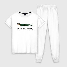 Женская пижама хлопок с принтом KROKODIL а не crocodile! в Новосибирске, 100% хлопок | брюки и футболка прямого кроя, без карманов, на брюках мягкая резинка на поясе и по низу штанин | krokodil | lacoste | антибренд | антибрэнд | бренд | брэнд | крокодил | лакост | лакоста | мода | фирма