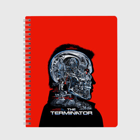 Тетрадь с принтом The Terminator в Новосибирске, 100% бумага | 48 листов, плотность листов — 60 г/м2, плотность картонной обложки — 250 г/м2. Листы скреплены сбоку удобной пружинной спиралью. Уголки страниц и обложки скругленные. Цвет линий — светло-серый
 | arnold | connor | john | robot | schwarzenegger | skynet | t 800 | terminator | арнольд | джон | коннор | ликвидатор | небесная | робот | сеть | скайнет | терминатор | шварценеггер