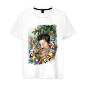 Мужская футболка хлопок с принтом Говно с дымом в Новосибирске, 100% хлопок | прямой крой, круглый вырез горловины, длина до линии бедер, слегка спущенное плечо. | Тематика изображения на принте: буквы | гирлянда | дым | ёлка | мальчик | новый год | флажки