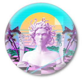 Значок с принтом Медуза Горгона в Новосибирске,  металл | круглая форма, металлическая застежка в виде булавки | vaporwave | медуза горгона | неон | пальмы | скульптура | существо