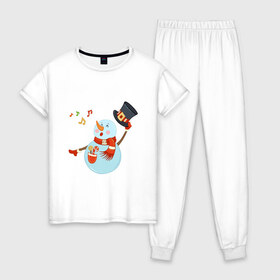 Женская пижама хлопок с принтом Снеговик в Новосибирске, 100% хлопок | брюки и футболка прямого кроя, без карманов, на брюках мягкая резинка на поясе и по низу штанин | 2020 год | арт | новогодняя символика | новый год | подарки | праздник | снеговик | снеговики