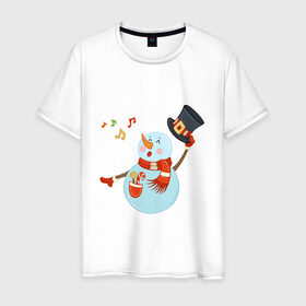 Мужская футболка хлопок с принтом Снеговик в Новосибирске, 100% хлопок | прямой крой, круглый вырез горловины, длина до линии бедер, слегка спущенное плечо. | 2020 год | арт | новогодняя символика | новый год | подарки | праздник | снеговик | снеговики