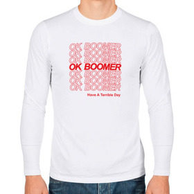 Мужской лонгслив хлопок с принтом OK BOOMER (RED) в Новосибирске, 100% хлопок |  | Тематика изображения на принте: boomer | boomers | generation | internet | meme | ok | ok boomer | young | бумеры | зумеры | интернет | мем | молодежь | ок | ок бумер | окей бумер | поколение