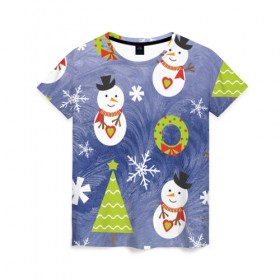 Женская футболка 3D с принтом Снеговики и ёлочки в Новосибирске, 100% полиэфир ( синтетическое хлопкоподобное полотно) | прямой крой, круглый вырез горловины, длина до линии бедер | 2020 | christmas | happy | merry | new year | в подарок | детский | елки | милый | новый год | поздравить | рождество | с новым годом | с рождеством | снеговик | снеговики | снежинки