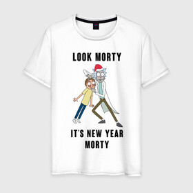 Мужская футболка хлопок с принтом LOOK MORTY ITS NEW YEAR MORTY в Новосибирске, 100% хлопок | прямой крой, круглый вырез горловины, длина до линии бедер, слегка спущенное плечо. | Тематика изображения на принте: cn_1970499_019061 | rick and morty | мультсериал | новый год | рик и морти | рождество