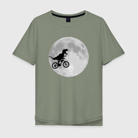 Мужская футболка хлопок Oversize с принтом T-rex Riding a Bike в Новосибирске, 100% хлопок | свободный крой, круглый ворот, “спинка” длиннее передней части | moon | велосипед | дино | динозавр | кино | космос | луна | парк юрского периода | планета | тень | тирекс | фильм | юрский период