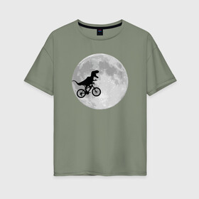 Женская футболка хлопок Oversize с принтом T-rex Riding a Bike в Новосибирске, 100% хлопок | свободный крой, круглый ворот, спущенный рукав, длина до линии бедер
 | moon | велосипед | дино | динозавр | кино | космос | луна | парк юрского периода | планета | тень | тирекс | фильм | юрский период