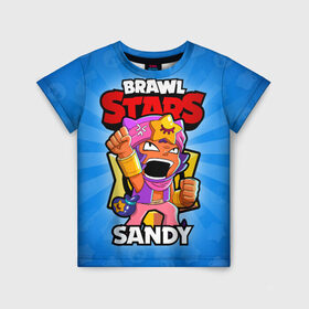 Детская футболка 3D с принтом BRAWL STARS SANDY в Новосибирске, 100% гипоаллергенный полиэфир | прямой крой, круглый вырез горловины, длина до линии бедер, чуть спущенное плечо, ткань немного тянется | Тематика изображения на принте: brawl stars | brawl stars sandy | brawler | sandy | бравл старз | бравлер | сэнди