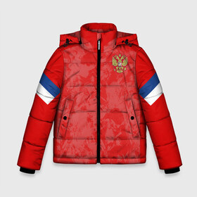 Зимняя куртка для мальчиков 3D с принтом Russia home EURO 2020 в Новосибирске, ткань верха — 100% полиэстер; подклад — 100% полиэстер, утеплитель — 100% полиэстер | длина ниже бедра, удлиненная спинка, воротник стойка и отстегивающийся капюшон. Есть боковые карманы с листочкой на кнопках, утяжки по низу изделия и внутренний карман на молнии. 

Предусмотрены светоотражающий принт на спинке, радужный светоотражающий элемент на пуллере молнии и на резинке для утяжки | Тематика изображения на принте: championship | cup | dzyuba | russia | tdrfifa19 | world | артем | дзюба | европы | мира | мундиаль | россия | чемпионат
