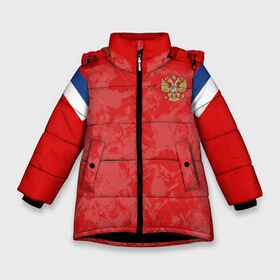 Зимняя куртка для девочек 3D с принтом Russia home EURO 2020 в Новосибирске, ткань верха — 100% полиэстер; подклад — 100% полиэстер, утеплитель — 100% полиэстер. | длина ниже бедра, удлиненная спинка, воротник стойка и отстегивающийся капюшон. Есть боковые карманы с листочкой на кнопках, утяжки по низу изделия и внутренний карман на молнии. 

Предусмотрены светоотражающий принт на спинке, радужный светоотражающий элемент на пуллере молнии и на резинке для утяжки. | championship | cup | dzyuba | russia | tdrfifa19 | world | артем | дзюба | европы | мира | мундиаль | россия | чемпионат