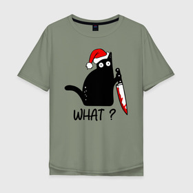 Мужская футболка хлопок Oversize с принтом Новогодний кот с ножом  в Новосибирске, 100% хлопок | свободный крой, круглый ворот, “спинка” длиннее передней части | cat | kitten | knife | what | дед мороз | кетчуп | кот | котёнок | кошка | кровь | новы год | нож | рождество | что | шапка