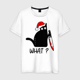 Мужская футболка хлопок с принтом Новогодний кот с ножом в Новосибирске, 100% хлопок | прямой крой, круглый вырез горловины, длина до линии бедер, слегка спущенное плечо. | cat | kitten | knife | what | дед мороз | кетчуп | кот | котёнок | кошка | кровь | новы год | нож | рождество | что | шапка