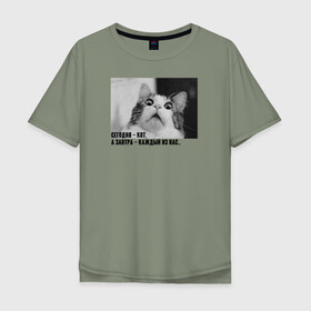 Мужская футболка хлопок Oversize с принтом Сегодня-кот, а завтра .. в Новосибирске, 100% хлопок | свободный крой, круглый ворот, “спинка” длиннее передней части | викторлетай | кот | котики | мемы | приколы