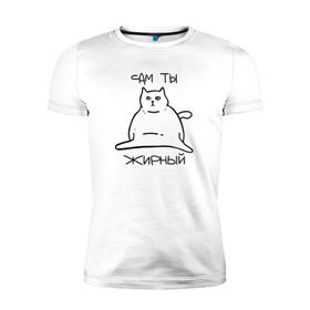 Мужская футболка премиум с принтом Сам ты Жирный в Новосибирске, 92% хлопок, 8% лайкра | приталенный силуэт, круглый вырез ворота, длина до линии бедра, короткий рукав | жирный | жирный кот | кот | кот мем | коты | мем кот