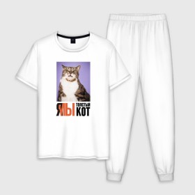 Мужская пижама хлопок с принтом Я-МЫ толстый кот в Новосибирске, 100% хлопок | брюки и футболка прямого кроя, без карманов, на брюках мягкая резинка на поясе и по низу штанин
 | Тематика изображения на принте: викторлетай | кот | котики | мемы | приколы