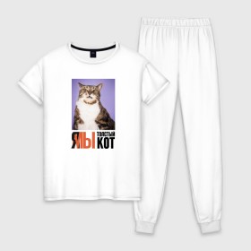 Женская пижама хлопок с принтом Я-МЫ толстый кот в Новосибирске, 100% хлопок | брюки и футболка прямого кроя, без карманов, на брюках мягкая резинка на поясе и по низу штанин | викторлетай | кот | котики | мемы | приколы