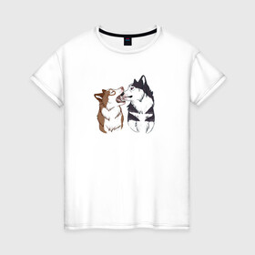 Женская футболка хлопок с принтом Две Хаски в Новосибирске, 100% хлопок | прямой крой, круглый вырез горловины, длина до линии бедер, слегка спущенное плечо | две хаски | друзья | питомцы | рисунок | собаки | хаски