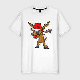 Мужская футболка хлопок Slim с принтом Dab Deer в Новосибирске, 92% хлопок, 8% лайкра | приталенный силуэт, круглый вырез ворота, длина до линии бедра, короткий рукав | 2020 | christmas | dab | deer | new year | santa claus | борода | даб | дед | дед мороз | дедушка | ёлка | зима | мороз | новый год | олень | праздник | рождество | санта клаус | снег