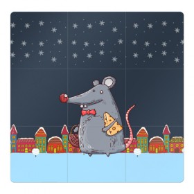 Магнитный плакат 3Х3 с принтом Мышка с сыром в Новосибирске, Полимерный материал с магнитным слоем | 9 деталей размером 9*9 см | 2020 | mouse | rat | годкрысы | годмыши | зима | зимняя | крыса | мороз | мышка | мышь | новогодняя | новый год | новый год 2020 | рождество | симолгода | снег | холод