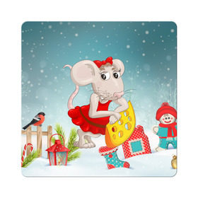 Магнит виниловый Квадрат с принтом Милая мышка с сыром в Новосибирске, полимерный материал с магнитным слоем | размер 9*9 см, закругленные углы | 2020 | mouse | rat | годкрысы | годмыши | зима | зимняя | крыса | мороз | мышка | мышь | новогодняя | новый год | новый год 2020 | рождество | симолгода | снег | холод