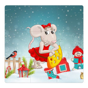 Магнитный плакат 3Х3 с принтом Милая мышка с сыром в Новосибирске, Полимерный материал с магнитным слоем | 9 деталей размером 9*9 см | 2020 | mouse | rat | годкрысы | годмыши | зима | зимняя | крыса | мороз | мышка | мышь | новогодняя | новый год | новый год 2020 | рождество | симолгода | снег | холод