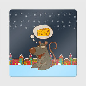 Магнит виниловый Квадрат с принтом Мышка мечтает о сыре в Новосибирске, полимерный материал с магнитным слоем | размер 9*9 см, закругленные углы | 2020 | mouse | rat | годкрысы | годмыши | зима | зимняя | крыса | мороз | мышка | мышь | новогодняя | новый год | новый год 2020 | рождество | симолгода | снег | холод