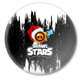 Значок с принтом BRAWL STARS НОВОГОДНИЙ. в Новосибирске,  металл | круглая форма, металлическая застежка в виде булавки | brawl stars | moba | бравл старс | жанр | игра | лого | логотип | надпись | текстура