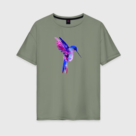 Женская футболка хлопок Oversize с принтом Колибри в Новосибирске, 100% хлопок | свободный крой, круглый ворот, спущенный рукав, длина до линии бедер
 | акварель | колибри | птица | рисунок
