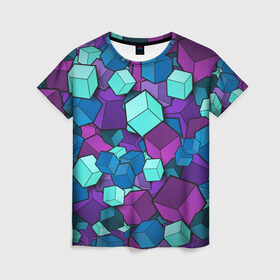 Женская футболка 3D с принтом Кубы в Новосибирске, 100% полиэфир ( синтетическое хлопкоподобное полотно) | прямой крой, круглый вырез горловины, длина до линии бедер | абстрактно | абстрактные | абстрактный | абстрактным | абстракция | кубики | кубические | кубический | кубическое | кубы | неон | неонка | неоновые | разноцветные | светящиеся | цветное | цветные