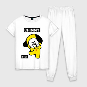 Женская пижама хлопок с принтом CHIMMY BT21 в Новосибирске, 100% хлопок | брюки и футболка прямого кроя, без карманов, на брюках мягкая резинка на поясе и по низу штанин | bt21 | bts | chimmy | cooky | koya | love yourself. | mang | rj | shooky | tata | бт21 | бтс