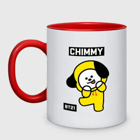 Кружка двухцветная с принтом CHIMMY BT21 в Новосибирске, керамика | объем — 330 мл, диаметр — 80 мм. Цветная ручка и кайма сверху, в некоторых цветах — вся внутренняя часть | Тематика изображения на принте: bt21 | bts | chimmy | cooky | koya | love yourself. | mang | rj | shooky | tata | бт21 | бтс