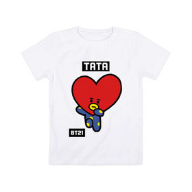 Детская футболка хлопок с принтом TATA BT21 в Новосибирске, 100% хлопок | круглый вырез горловины, полуприлегающий силуэт, длина до линии бедер | Тематика изображения на принте: bt21 | bts | chimmy | cooky | koya | love yourself. | mang | rj | shooky | tata | бт21 | бтс