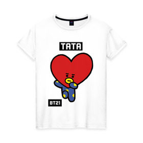 Женская футболка хлопок с принтом TATA BT21 в Новосибирске, 100% хлопок | прямой крой, круглый вырез горловины, длина до линии бедер, слегка спущенное плечо | Тематика изображения на принте: bt21 | bts | chimmy | cooky | koya | love yourself. | mang | rj | shooky | tata | бт21 | бтс