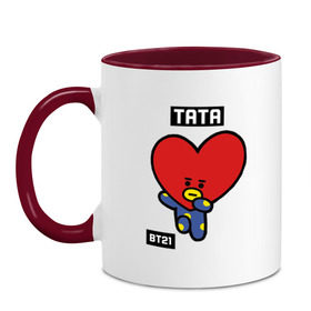 Кружка двухцветная с принтом TATA BT21 в Новосибирске, керамика | объем — 330 мл, диаметр — 80 мм. Цветная ручка и кайма сверху, в некоторых цветах — вся внутренняя часть | bt21 | bts | chimmy | cooky | koya | love yourself. | mang | rj | shooky | tata | бт21 | бтс