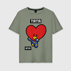 Женская футболка хлопок Oversize с принтом TATA BT21 в Новосибирске, 100% хлопок | свободный крой, круглый ворот, спущенный рукав, длина до линии бедер
 | bt21 | bts | chimmy | cooky | koya | love yourself. | mang | rj | shooky | tata | бт21 | бтс