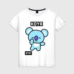 Женская футболка хлопок с принтом KOYA BT21 в Новосибирске, 100% хлопок | прямой крой, круглый вырез горловины, длина до линии бедер, слегка спущенное плечо | bt21 | bts | chimmy | cooky | koya | love yourself. | mang | rj | shooky | tata | бт21 | бтс